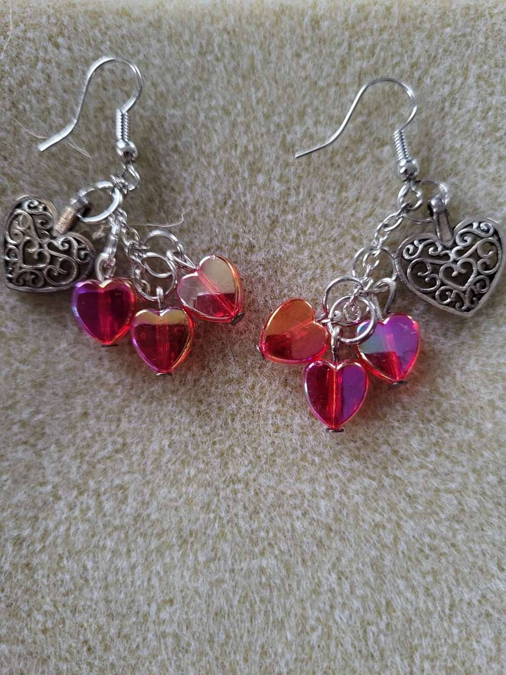 Silver Toned Heart Dangle Earrings with Red Heart Charms